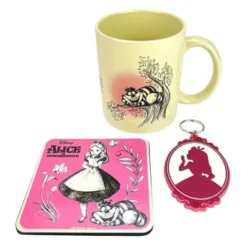 DISNEY: JUEGO DE TAZA, POSAVASOS Y LLAVERO ALICE IN WONDERLAND VINTAGE [CAJA]