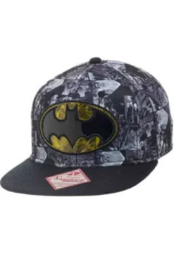 GORRA DE BEISBOL DC: BATMAN LOGO AMARILLO Y NEGRO (COLOR ESTAMPADO DE VIÑETAS EN GRIS)